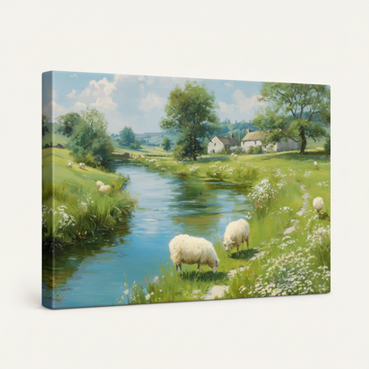 Gallery-wrapped English countryside pastoral sheep canvas with painted color wrap edges shown at left-angle view
