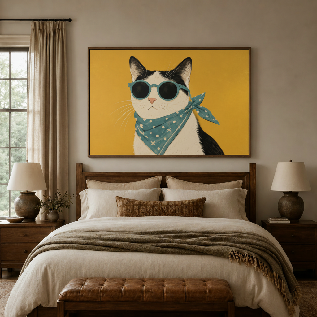 Bold cat illustration canvas in walnut float frame above dark wood bed in cozy bedroom