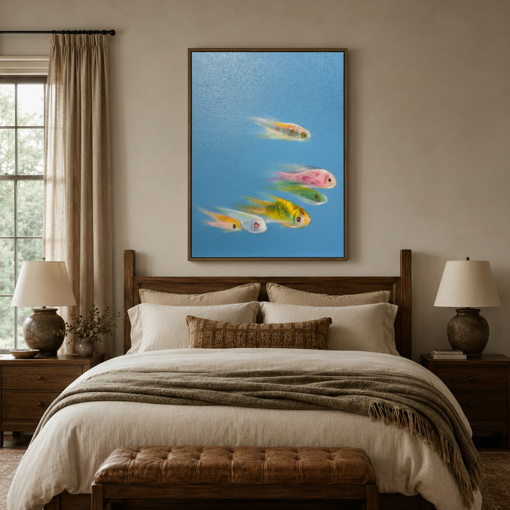 Colorful fish oil painting canvas print above bed in cozy neutral bedroom setting