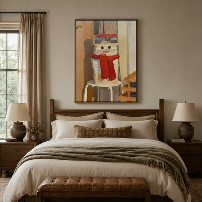 Colorful book snowman canvas art above a dark walnut bed headboard in a cozy neutral bedroom