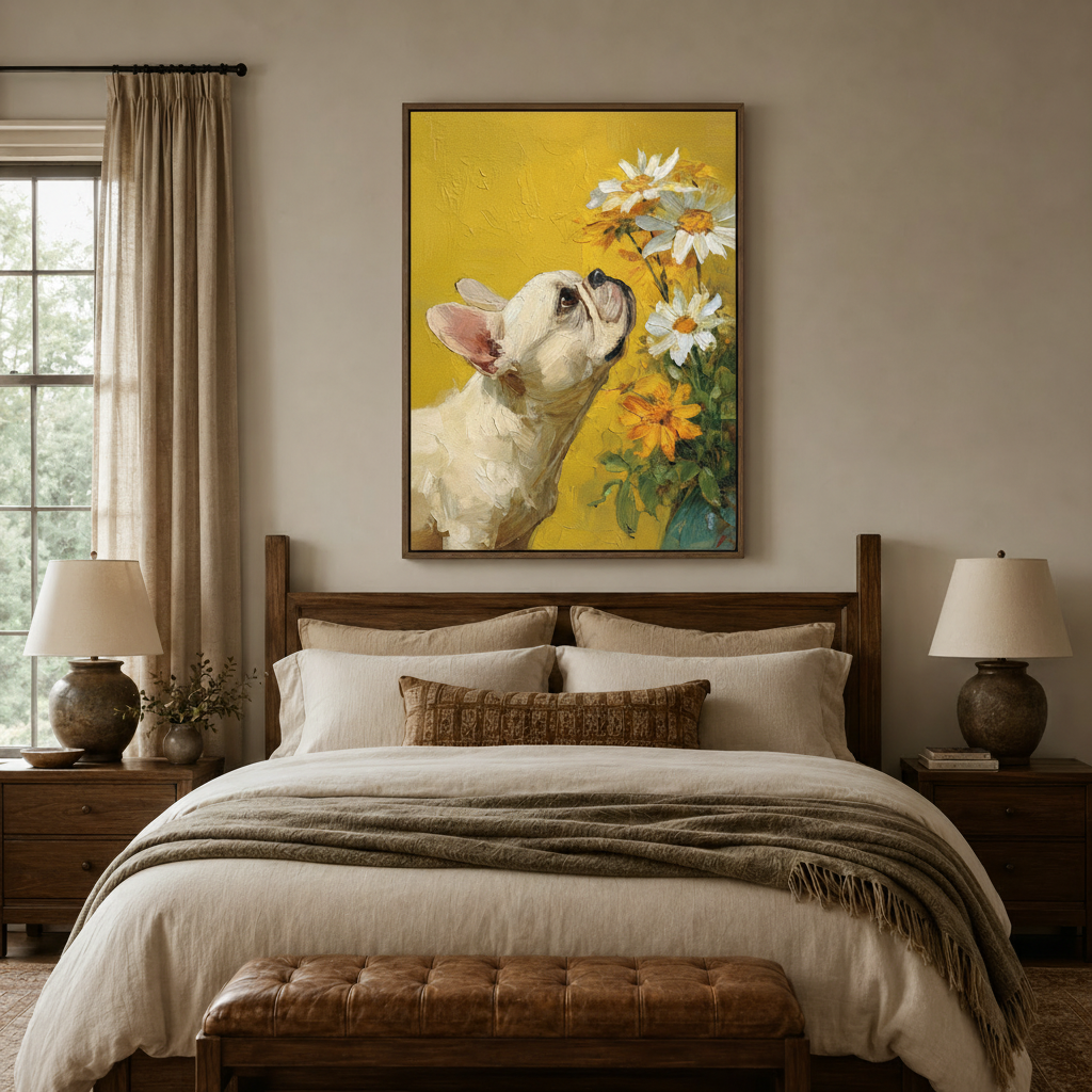 French Bulldog and wildflower canvas wall art above rustic wood bed frame in cozy neutral bedroom with warm lighting