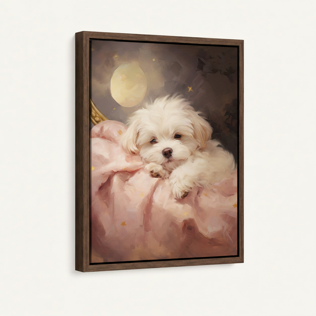 Framed classical Maltese puppy moon night canvas art dark walnut floating frame angled view