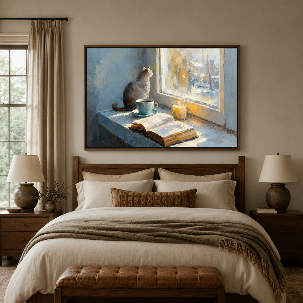 Cozy cat window impasto oil painting in walnut float frame above bedroom bed