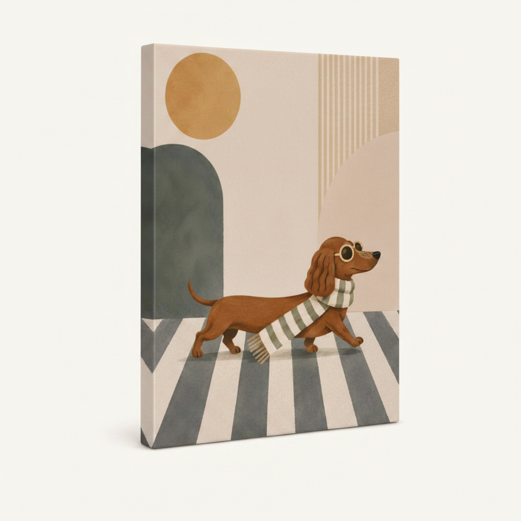 Gallery-wrapped dachshund sunglasses mid-century canvas showing warm beige wrap edges, no frame, 3/4 angle