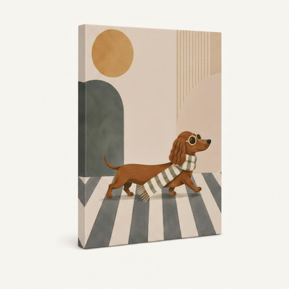 Gallery-wrapped dachshund sunglasses mid-century canvas showing warm beige wrap edges, no frame, 3/4 angle