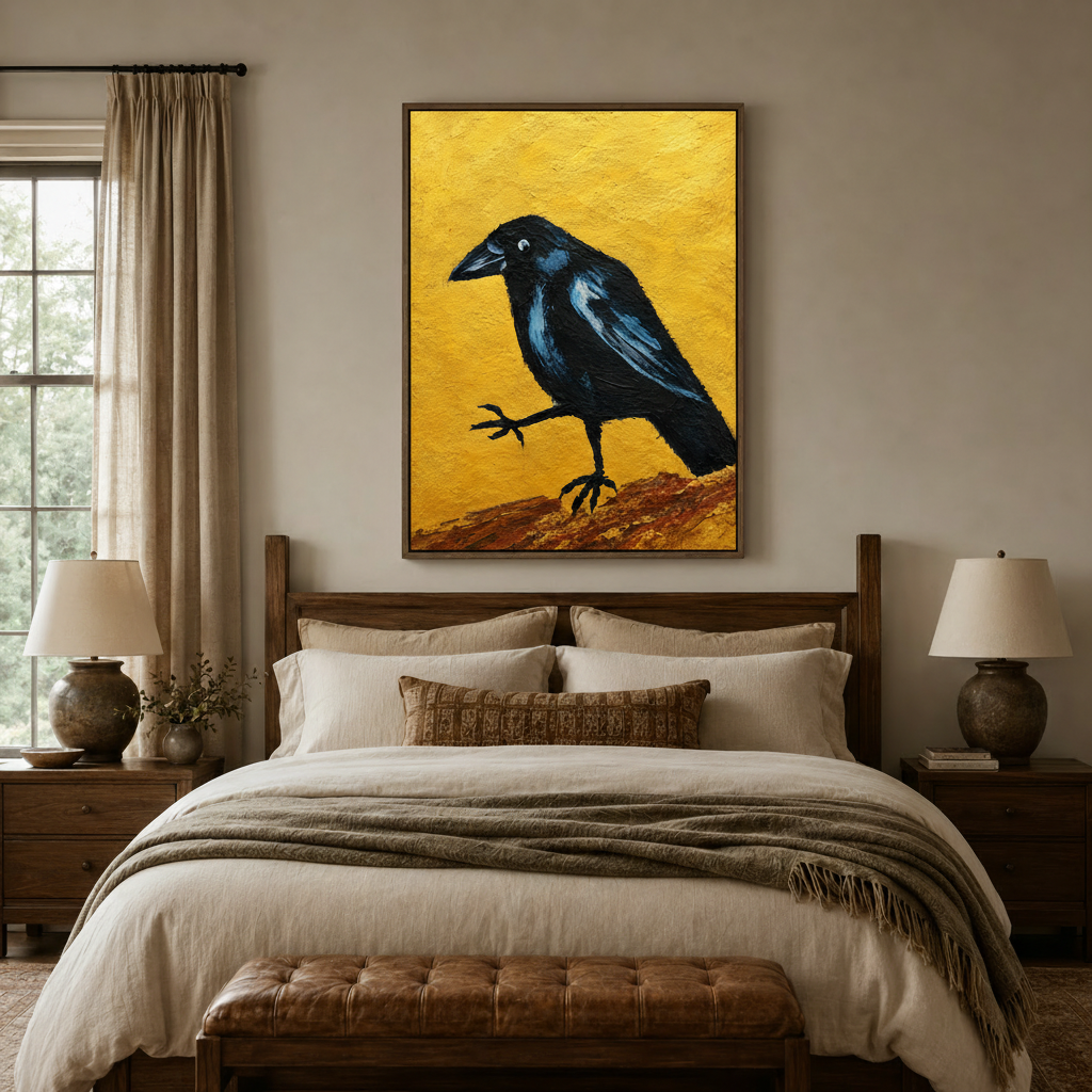 Black crow golden background painting framed above bed in warm neutral bedroom interior