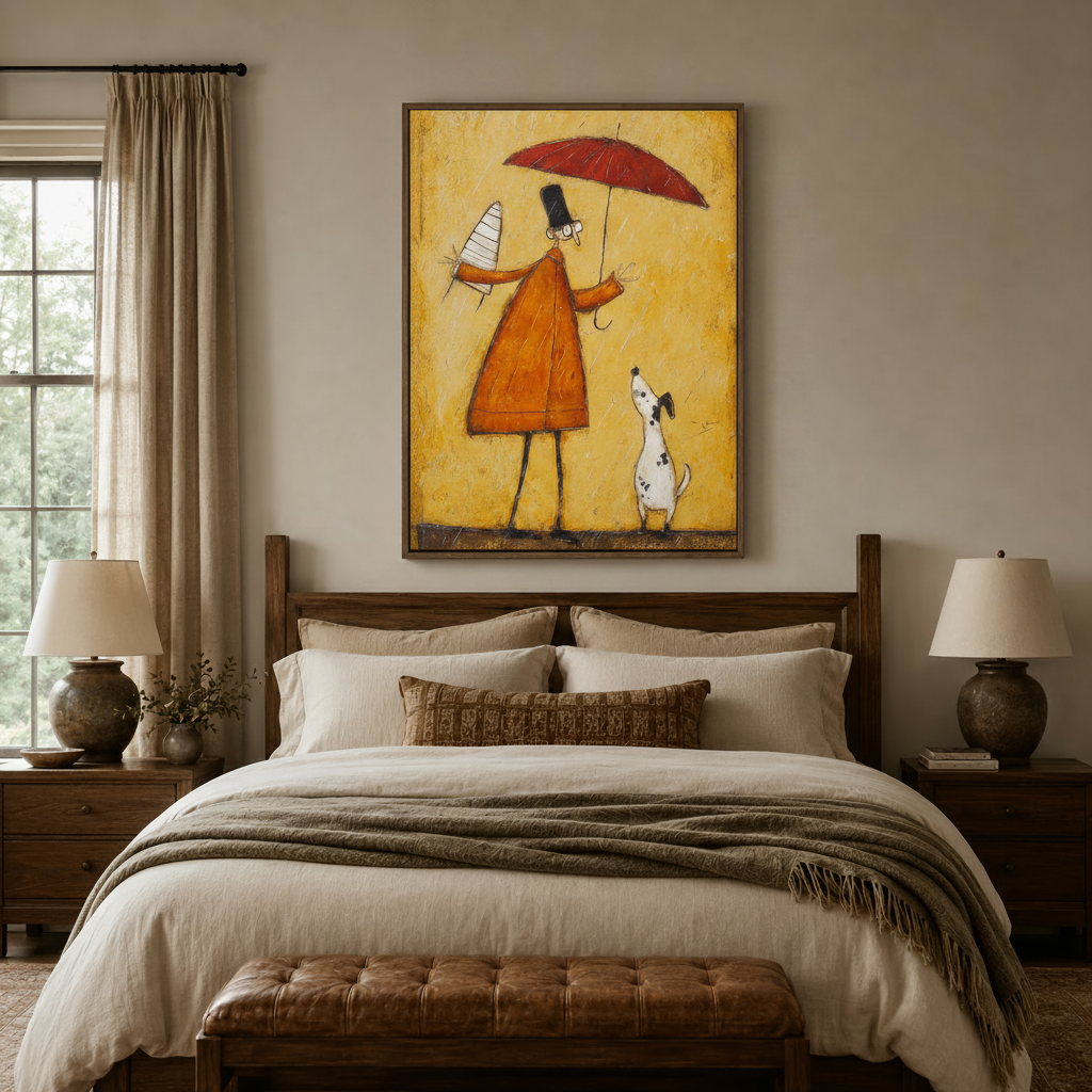 Charming illustrated dog lover canvas print displayed above a dark wood bed frame in a cozy neutral bedroom