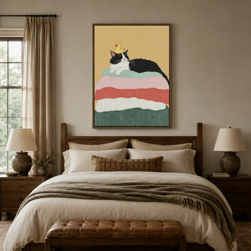 Cat and rubber duck canvas print above bed in warm neutral bedroom with linen bedding