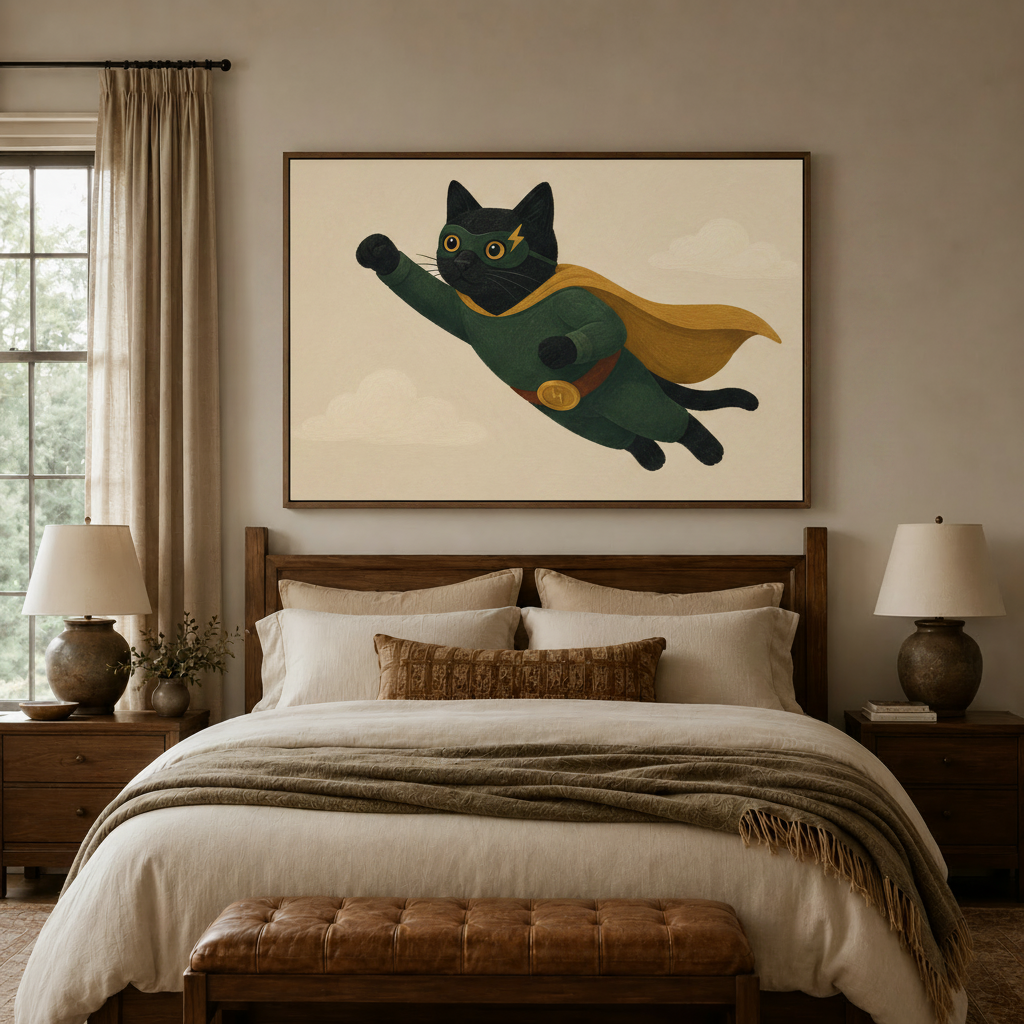 Superhero cat wall art in dark walnut floater frame above a bed in a warm earthy bedroom