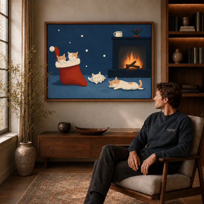 Christmas cats canvas wall art with a red stocking hangs in a walnut frame above a seated man.