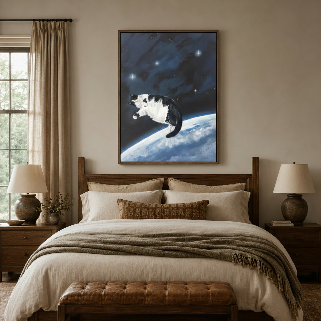 Galaxy cat canvas wall art displayed above a wooden bed in a cozy warm-toned traditional bedroom with linen bedding