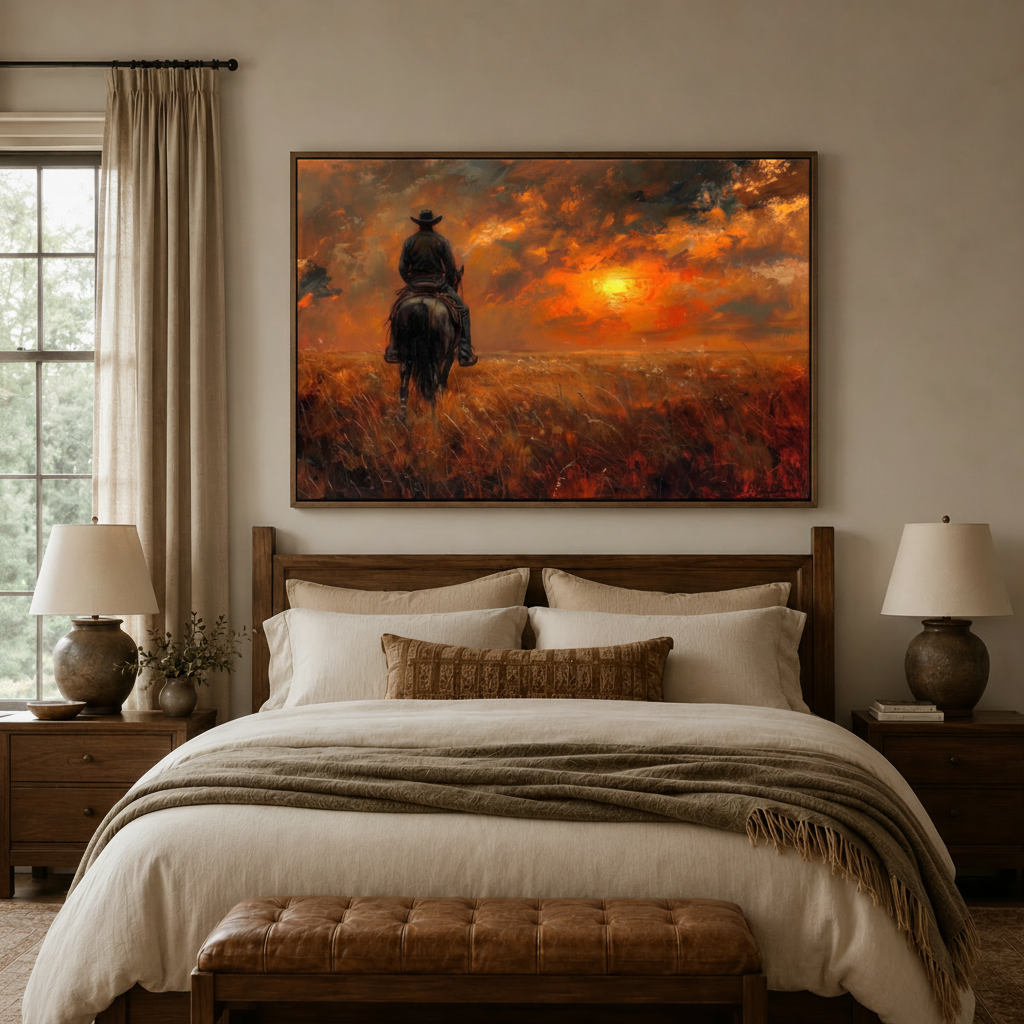 Rustic cowboy canvas wall art with impasto brushwork hung above wooden bed headboard in warm bedroom setting