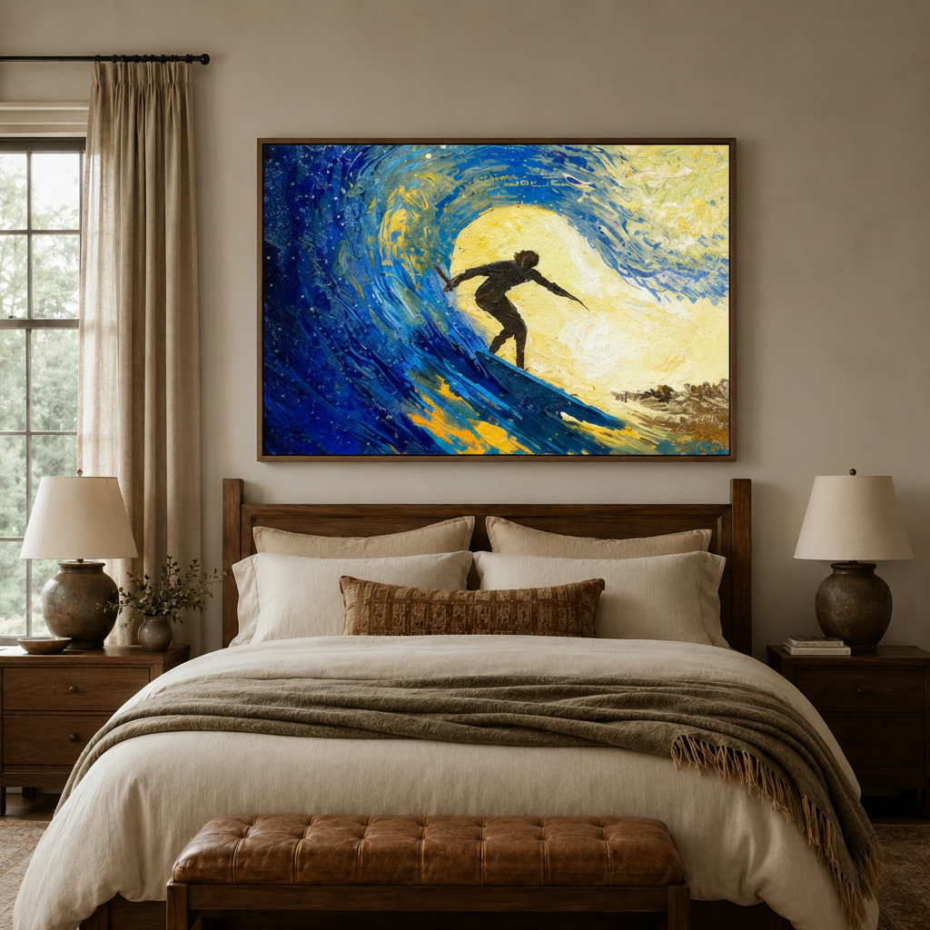 Van Gogh inspired ocean wave surfer wall art centered above king bed in cozy bedroom
