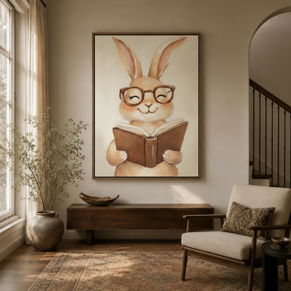 Framed watercolor bunny reading canvas wall art displayed in a warm boho living room with arched shelving
