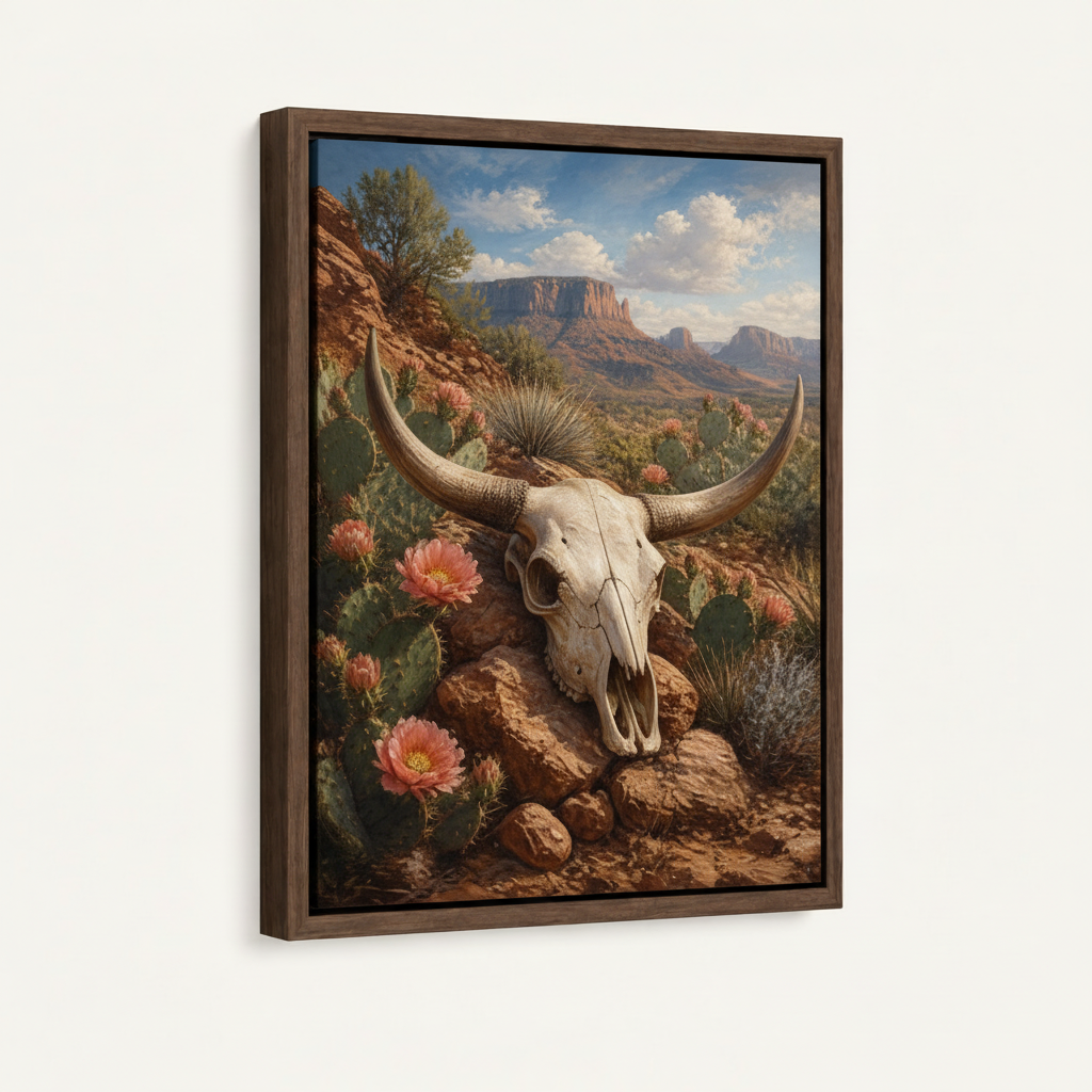 Realistic bull skull cactus canvas in dark walnut float frame, 3/4 angle showing frame depth