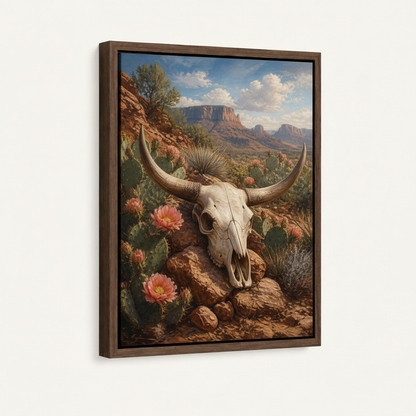 Realistic bull skull cactus canvas in dark walnut float frame, 3/4 angle showing frame depth
