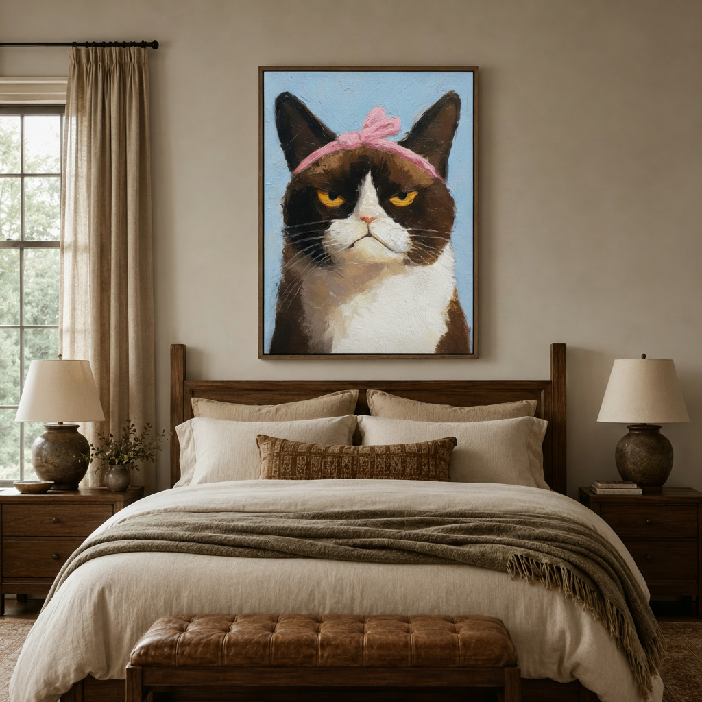 Whimsical pet portrait wall art above bed in warm bedroom interior setting