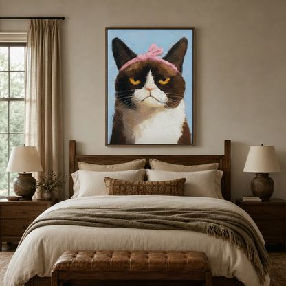 Whimsical pet portrait wall art above bed in warm bedroom interior setting
