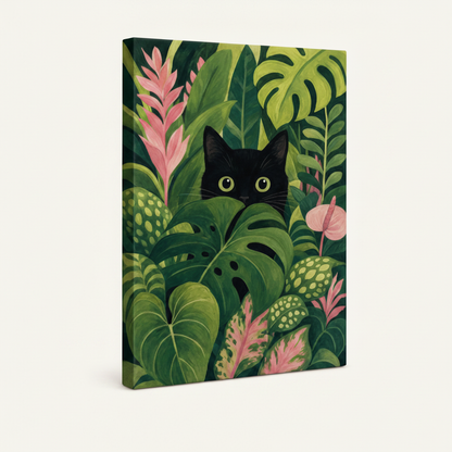 Gallery-wrapped black cat tropical botanical canvas with deep green wrap edges on off-white background