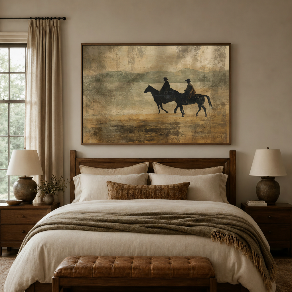 Western horseback riders canvas print hanging above a bed in a cozy neutral bedroom