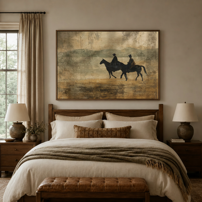 Western horseback riders canvas print hanging above a bed in a cozy neutral bedroom