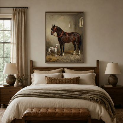 Equestrian classical oil painting framed canvas above dark walnut bed in traditional bedroom