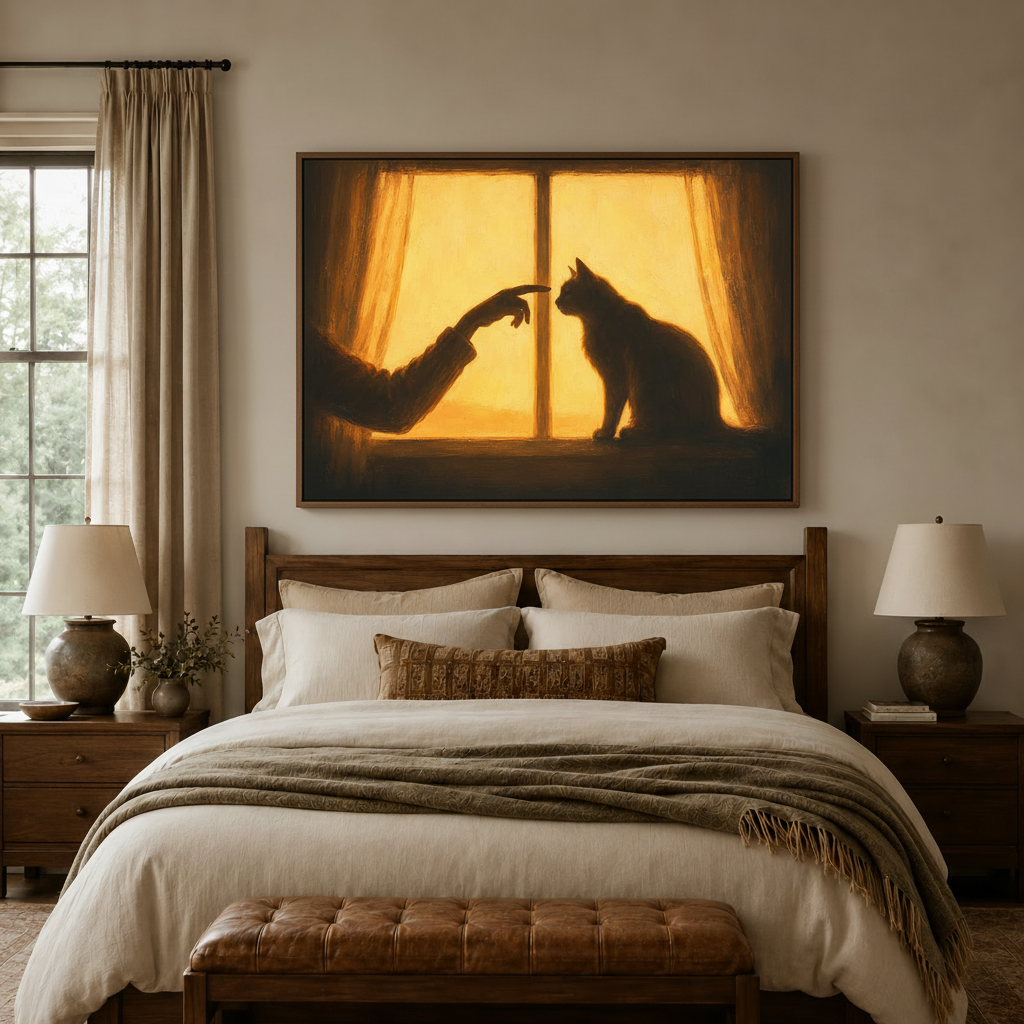 Warm cat silhouette oil painting canvas above a wooden bed headboard in a neutral bedroom setting