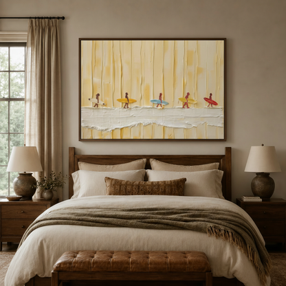 Six surfer silhouettes impasto painting in walnut frame above bed in cozy warm bedroom