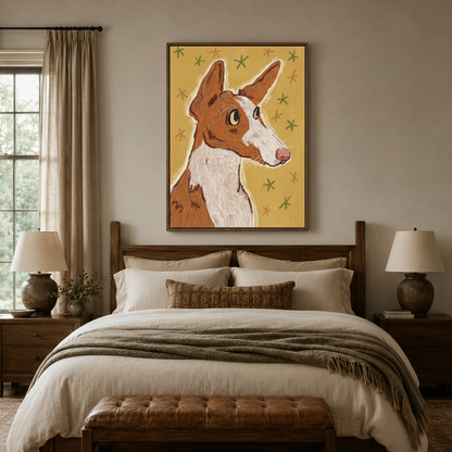 Ibizan Hound crayon illustration canvas art in dark walnut frame above linen bed in cozy bedroom