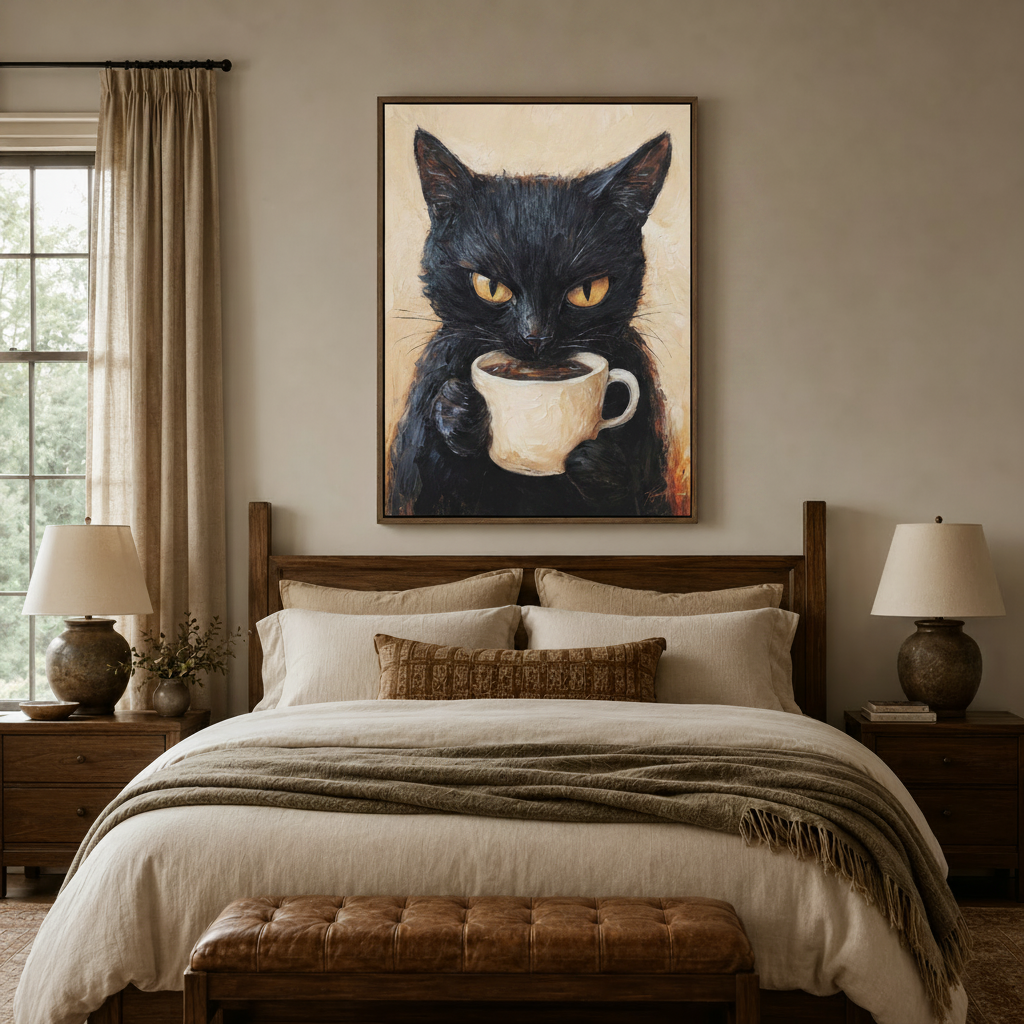 Black cat coffee impasto painting in dark walnut float frame above bedroom headboard with linen bedding