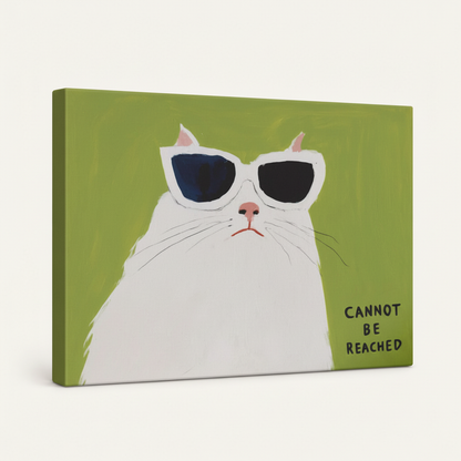 Gallery-wrapped funny cat canvas, 3/4 angle showing yellow-green wrap edges and texture