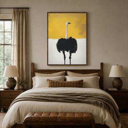 Contemporary minimalist ostrich canvas print in dark walnut float frame above wooden bed headboard