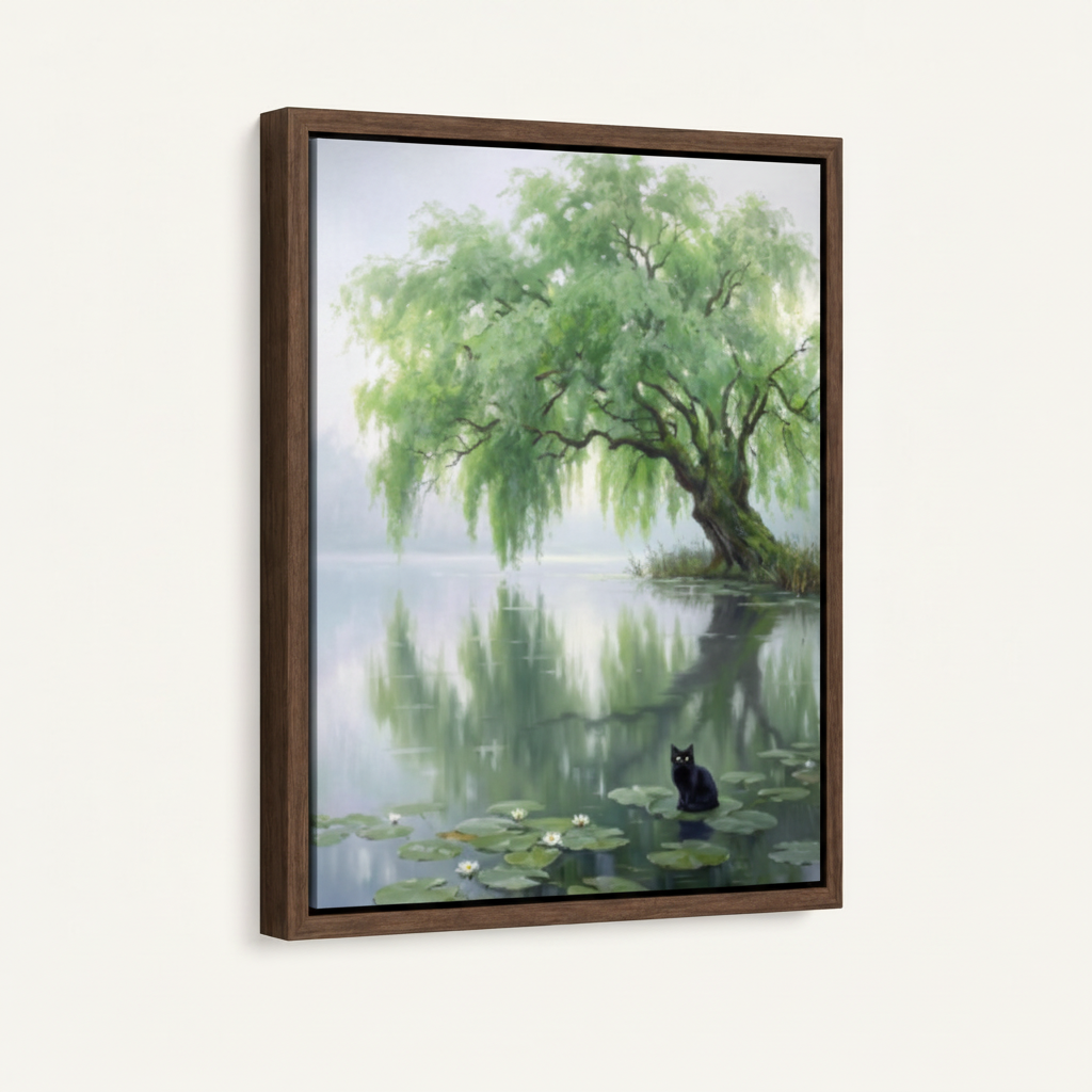 Black cat willow pond canvas in dark walnut thick float frame, portrait orientation, 3/4 angle view