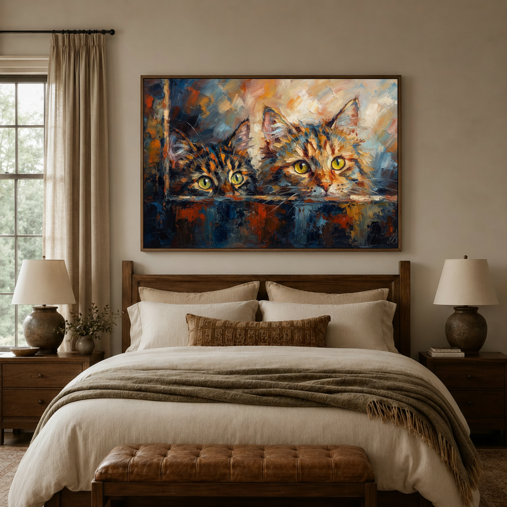 Cat canvas wall art with bold cobalt and copper impasto brushwork displayed above wooden headboard in cozy bedroom