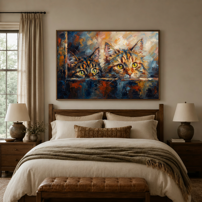 Cat canvas wall art with bold cobalt and copper impasto brushwork displayed above wooden headboard in cozy bedroom