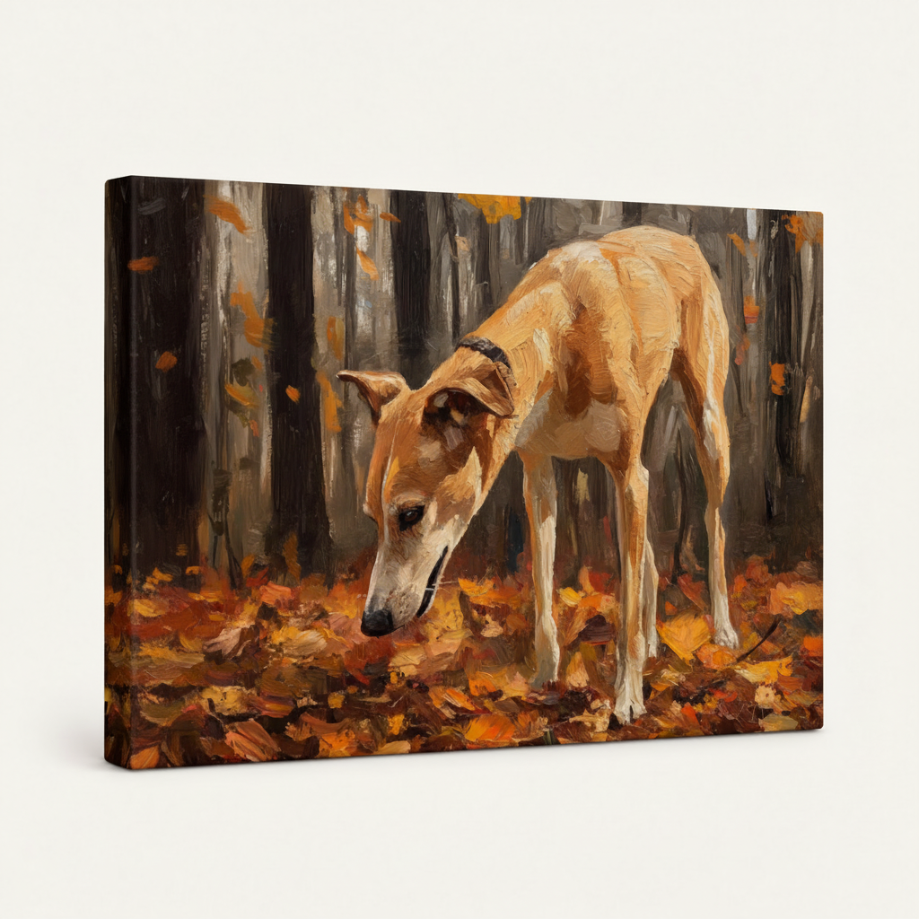 Gallery-wrapped greyhound autumn forest canvas, 3/4 angle showing deep amber and dark shadow tones on wrap edges