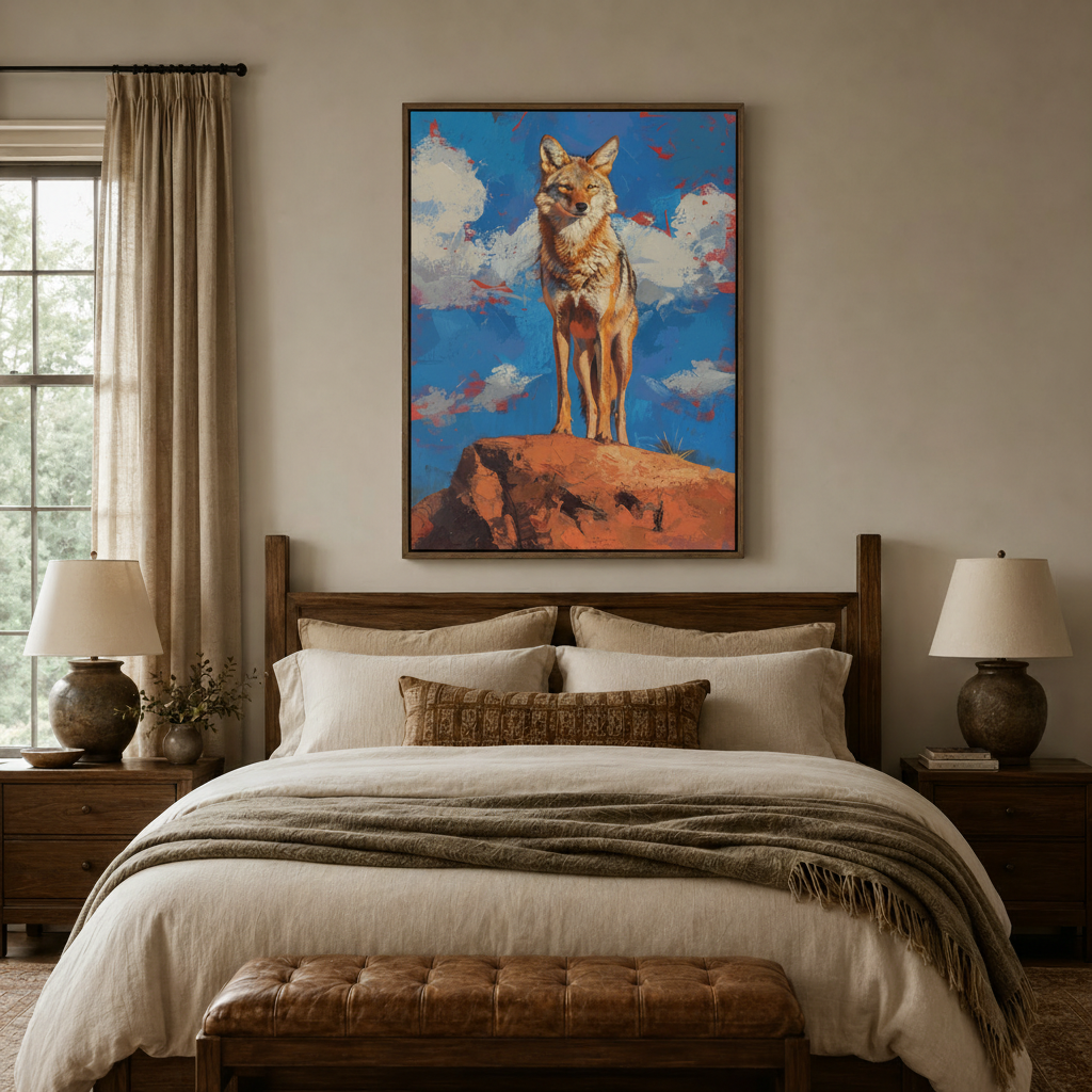 Coyote standing on red-rock mesa oil painting canvas above dark walnut bed in cozy farmhouse bedroom