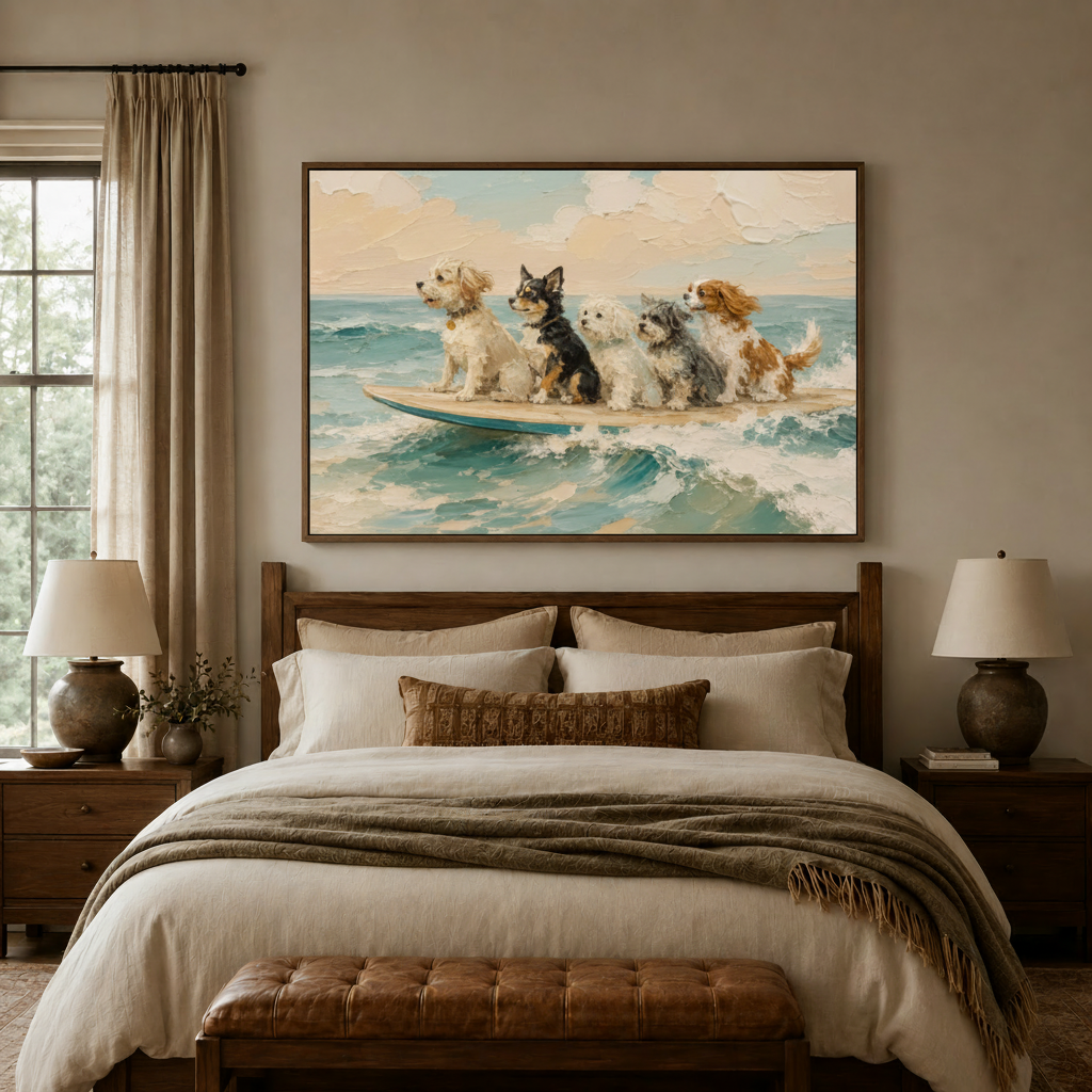 Surfing dogs canvas wall art styled as playful coastal bedroom decor