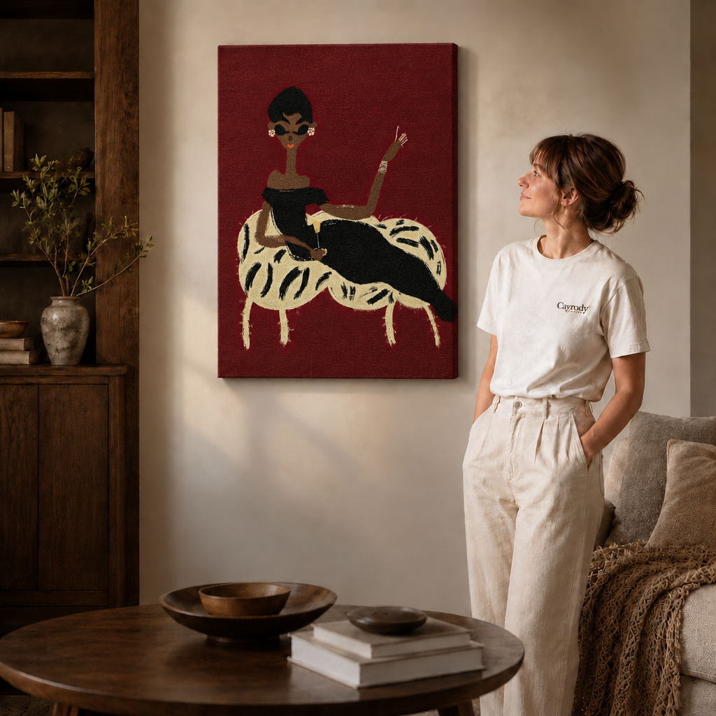 Contemporary portrait canvas wall art displayed beside a woman in a white shirt, dark shelving, and a round coffee table.