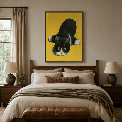 Whimsical tuxedo cat canvas wall art above a linen bed in a cozy warm-toned bedroom
