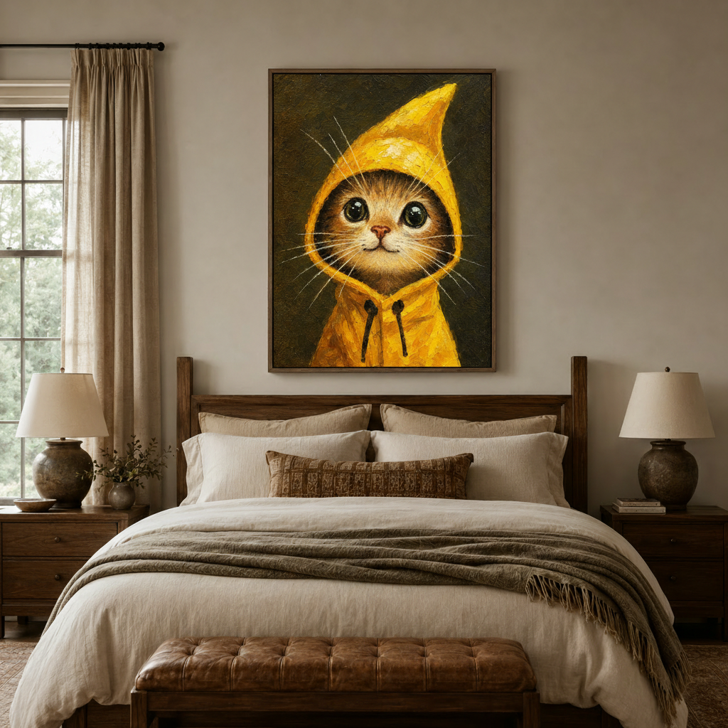 Cute cat in yellow raincoat canvas print above bed in warm neutral bedroom decor