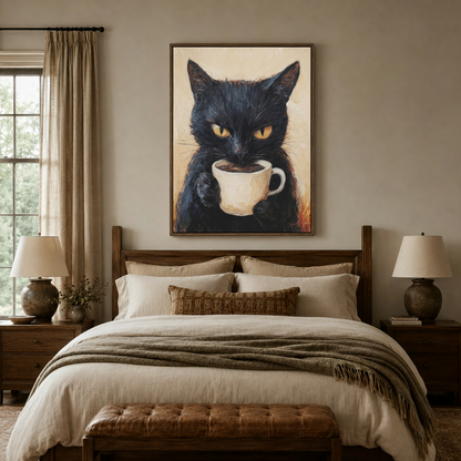 Black cat coffee impasto painting in dark walnut float frame above bedroom headboard with linen bedding