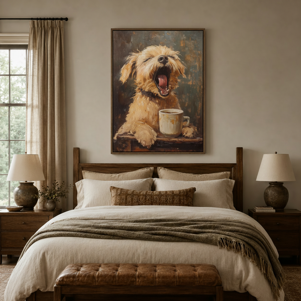 Expressive dog with coffee mug canvas wall art above dark walnut bed in earth-tone bedroom