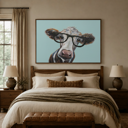 Cow canvas wall art with oversized glasses displayed above neutral bedroom decor