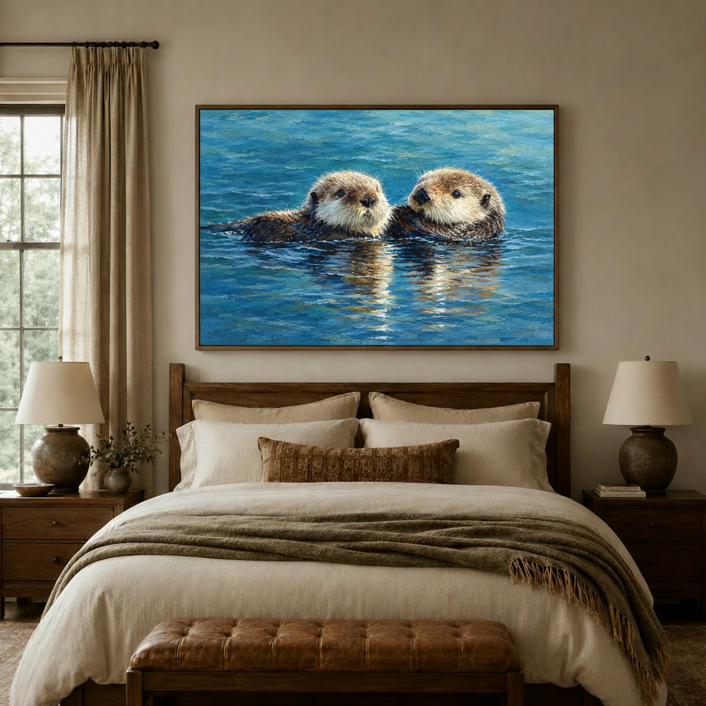 Coastal sea otter framed canvas above a wood-headboard bed with linen bedding in a cozy farmhouse bedroom