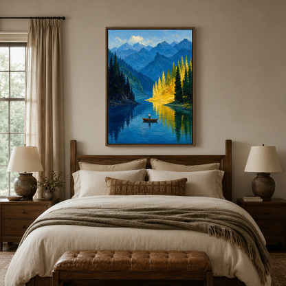 Landscape canvas print with lone boat and golden trees hanging above bed in cozy bedroom