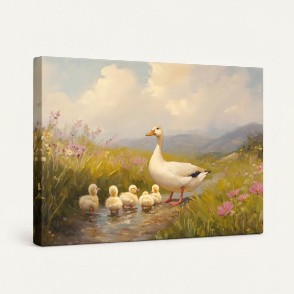 Gallery wrapped goose ducklings stream canvas side view showing dark wrap edges and meadow continuation