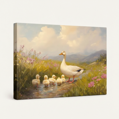 Gallery wrapped goose ducklings stream canvas side view showing dark wrap edges and meadow continuation