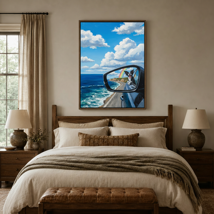 Impasto Border Collie painting in dark walnut float frame above bedroom headboard