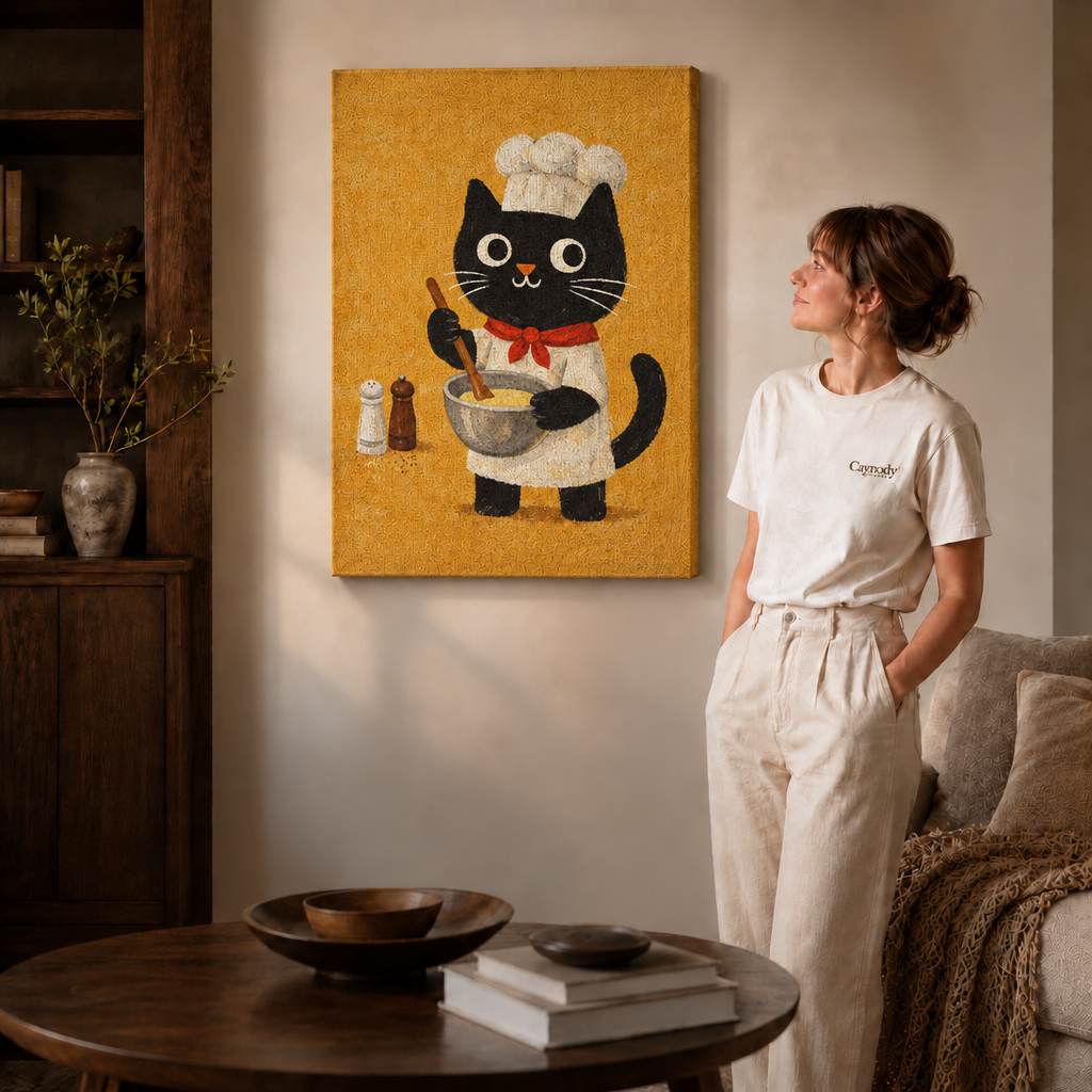 Black cat chef canvas with mustard background displayed in a contemporary living room.